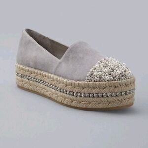 *READ*White House Black Market Jeweled Pearl Diamond Grey Espadrille Platform 7